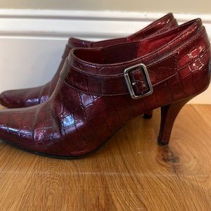 Red Croc patent ankle booties